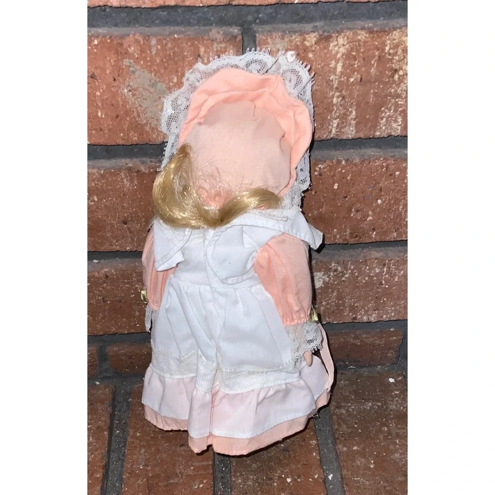 Vintage Porcelain Doll Pink White Lace Victorian Dress Blonde Curls Bonnet 8